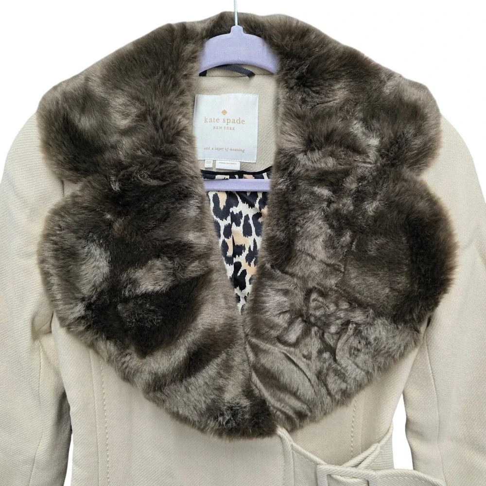 Kate Spade Briella‎ Wool Blend Belted Coat Faux Fur Collar Leopard Lined Winter